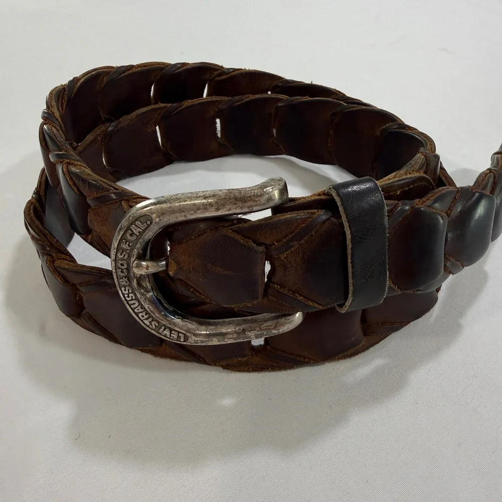 Levi Strauss & Co Mens Braided Leather Belt 32 Brown Woven Buckle Logo Casual